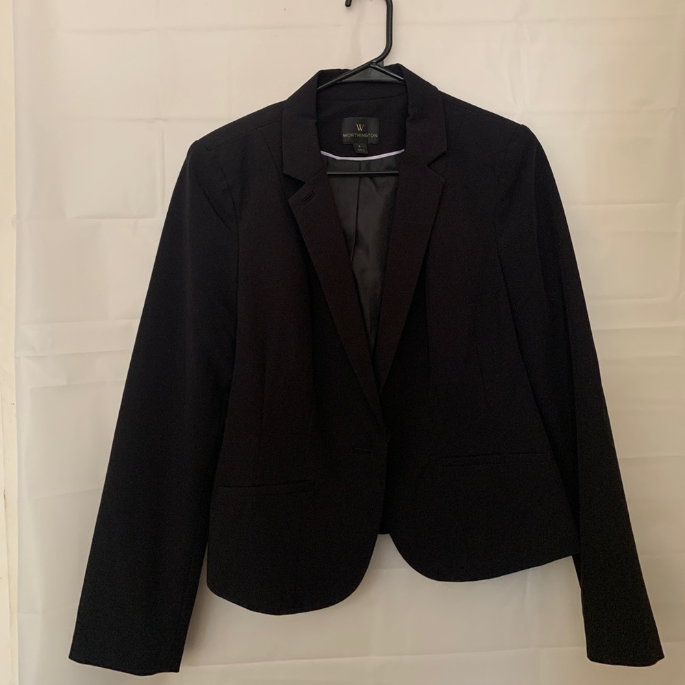 Worthington black longsleeve, one button, fake pocket blazer, size L